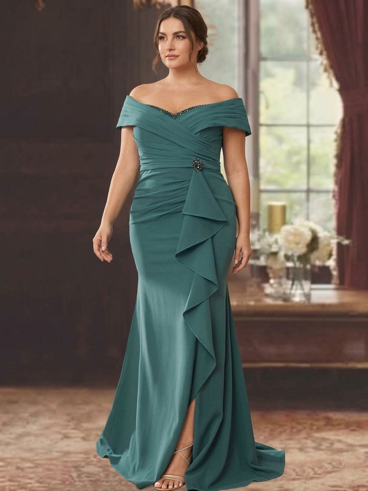 Robe de Mère de la Mariée Grande Taille, Fourreau/Colonne, Épaules Dénudées, Sans Manches, Longueur Au Sol, avec Volants