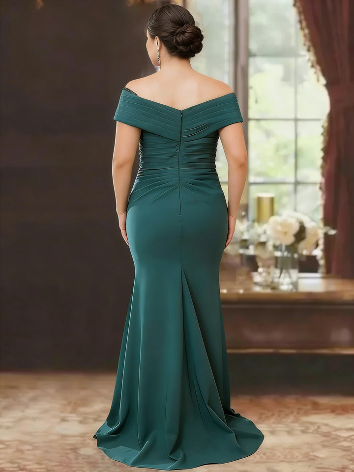 Robe de Mère de la Mariée Grande Taille, Fourreau/Colonne, Épaules Dénudées, Sans Manches, Longueur Au Sol, avec Volants