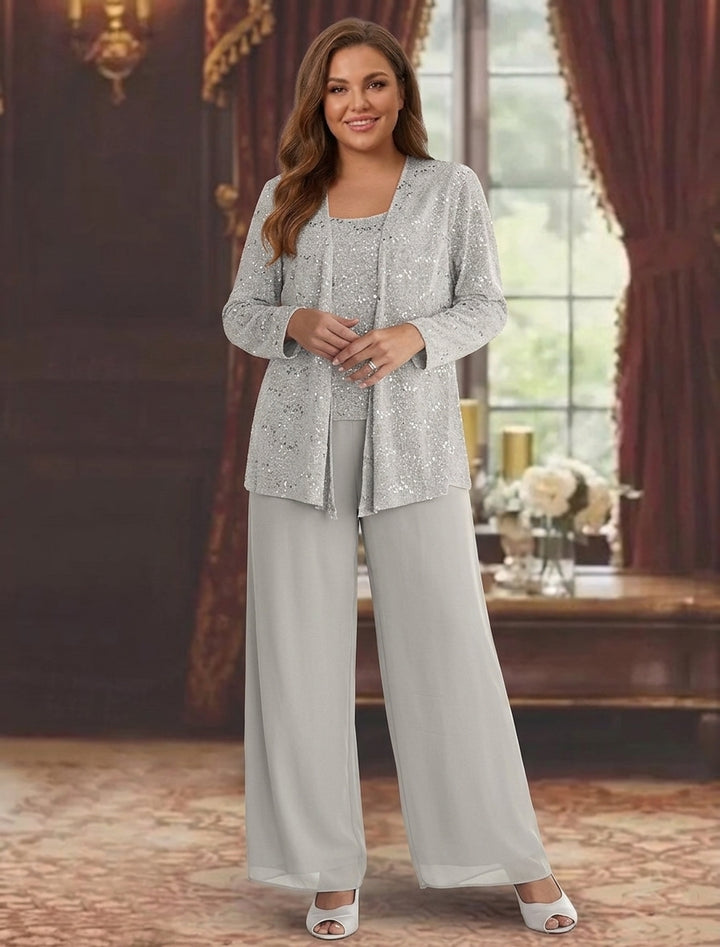 Tailleur-Pantalon Grande Taille en Mousseline de Soie pour Mère de la Mariée avec Veste et Paillettes
