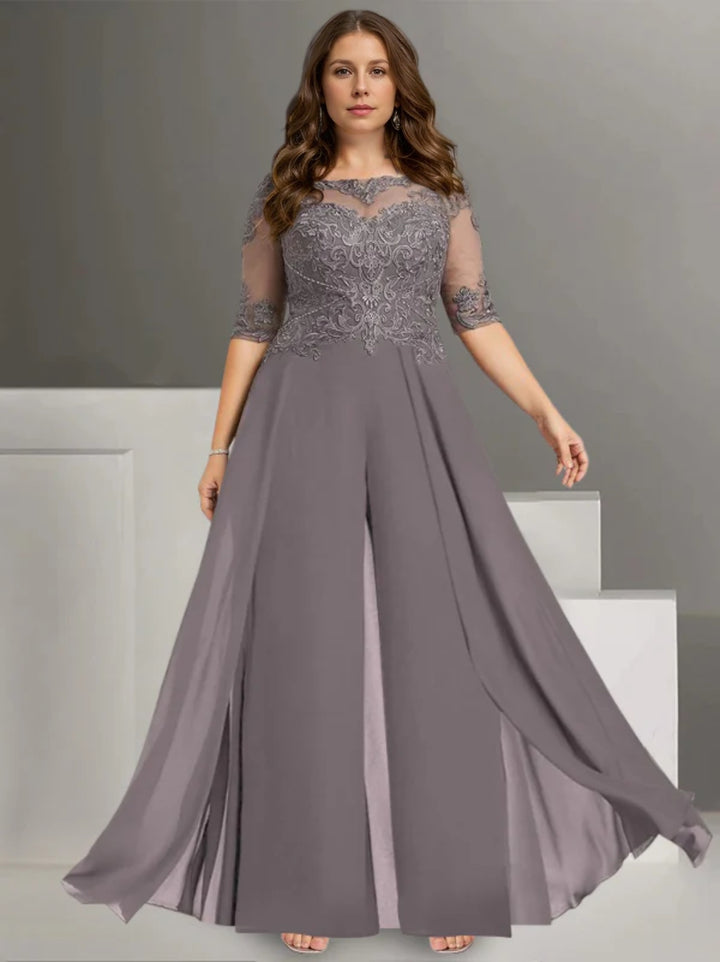 Tailleur-Pantalon pour Mère de la Mariée Grande Taille en Mousseline de Soie à Col Bijou et Manches Mi-Longues avec Dentelle