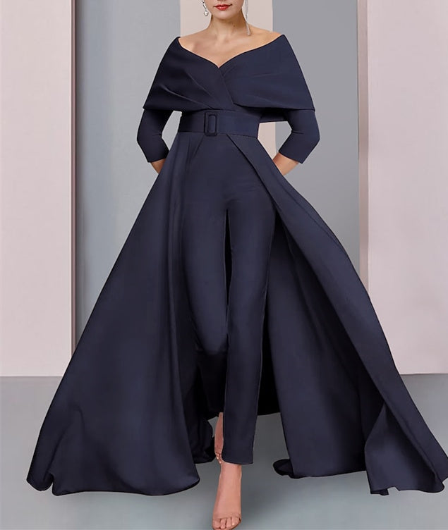 Ensemble pantalon mère de la mariée col rond, manches longues, ceinture