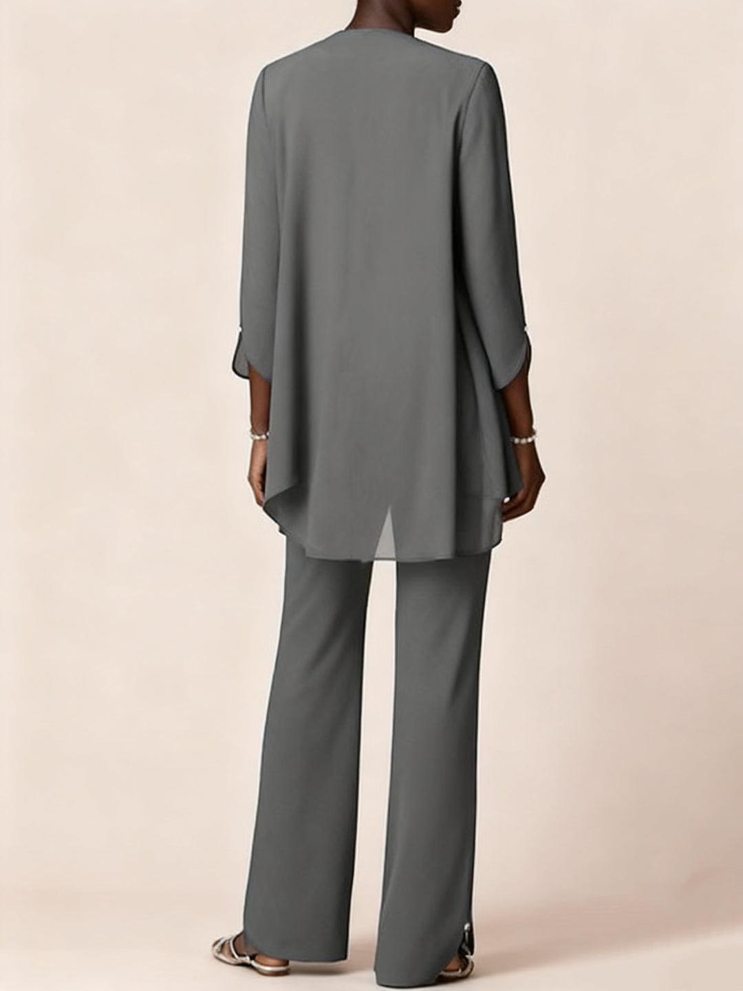 Ensemble pantalon mousseline col rond, manches longues, volants, longueur sol