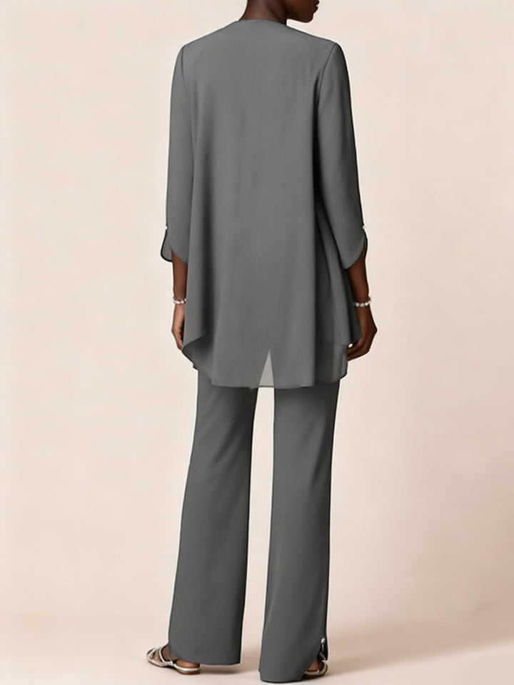 Ensemble pantalon mousseline col rond, manches longues, volants, longueur sol