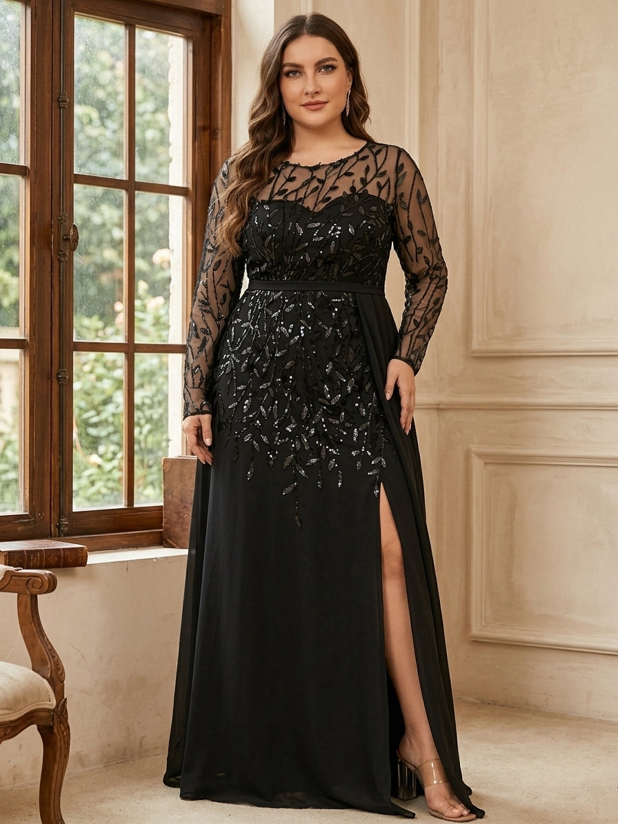 Robe de Mère de la Mariée Grande Taille, Coupe A-Line/Princess, Manches Longues, Longueur Au Sol, avec Fentes Latérales, Volants et Paillettes