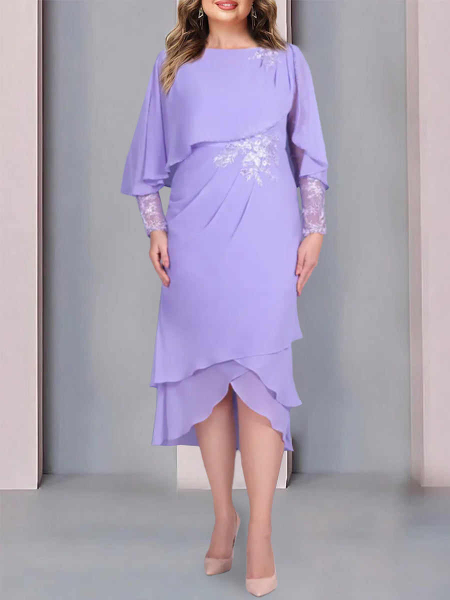 Robe de Mère de la Mariée Fourreau/Colonne à Manches Courtes et Longueur Thé avec Appliques et Dentelle