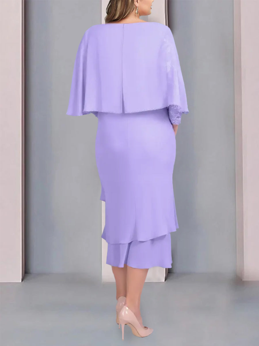 Robe de Mère de la Mariée Fourreau/Colonne à Manches Courtes et Longueur Thé avec Appliques et Dentelle