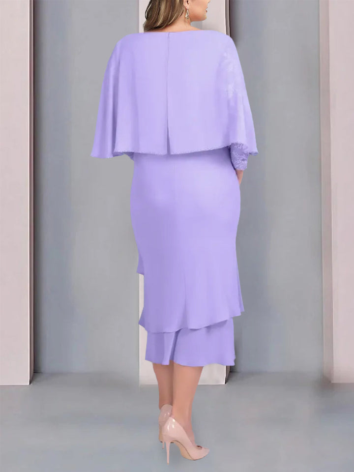 Robe de Mère de la Mariée Fourreau/Colonne à Manches Courtes et Longueur Thé avec Appliques et Dentelle