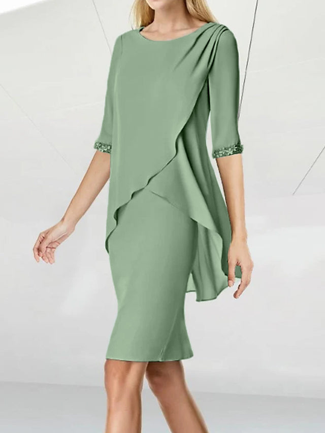 Robe de Mère de la Mariée Fourreau/Colonne à Col Bijou, Longueur Genou, Manches Mi-Longues, avec Fronces Perlées