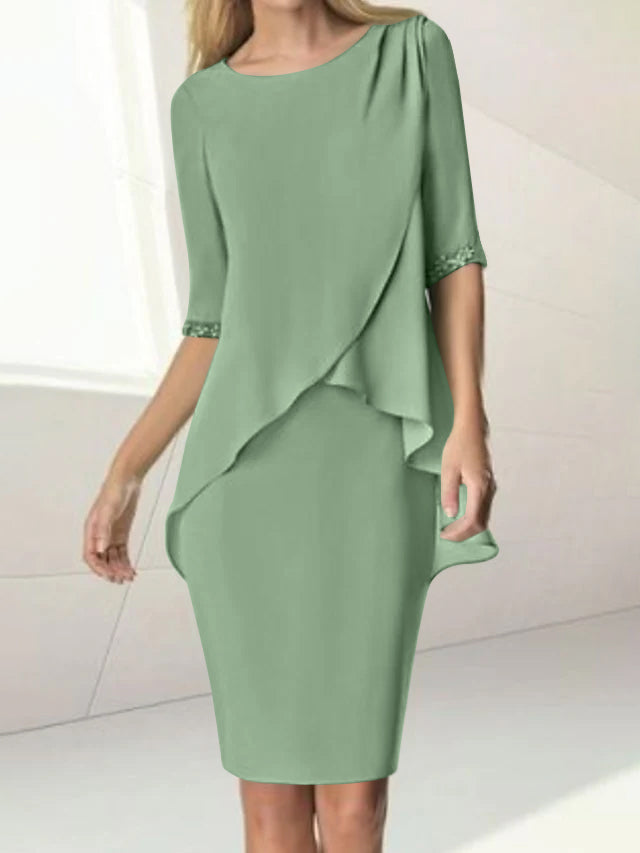 Robe de Mère de la Mariée Fourreau/Colonne à Col Bijou, Longueur Genou, Manches Mi-Longues, avec Fronces Perlées