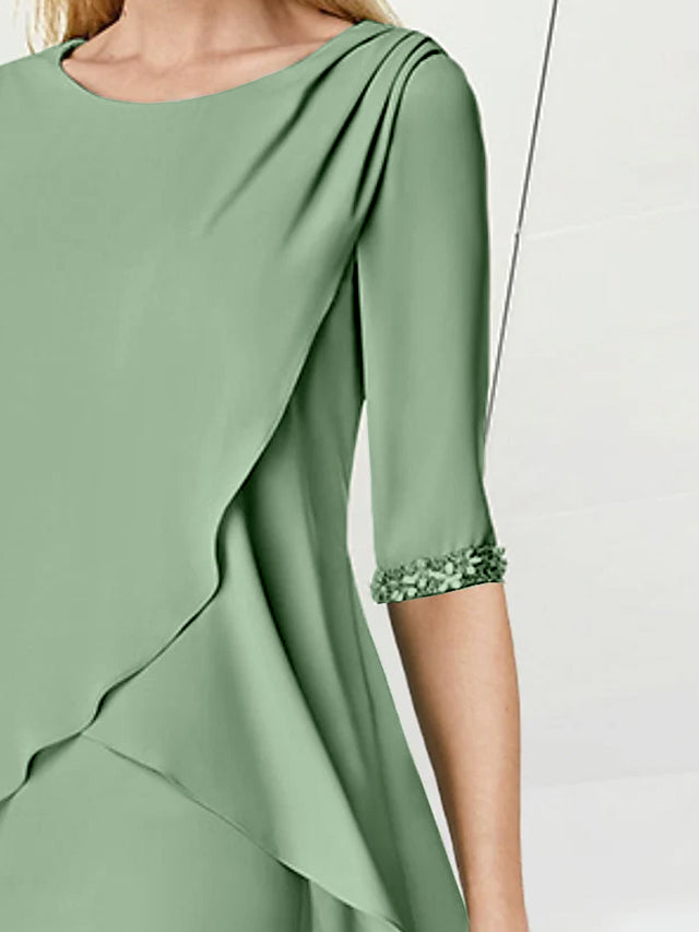 Robe de Mère de la Mariée Fourreau/Colonne à Col Bijou, Longueur Genou, Manches Mi-Longues, avec Fronces Perlées