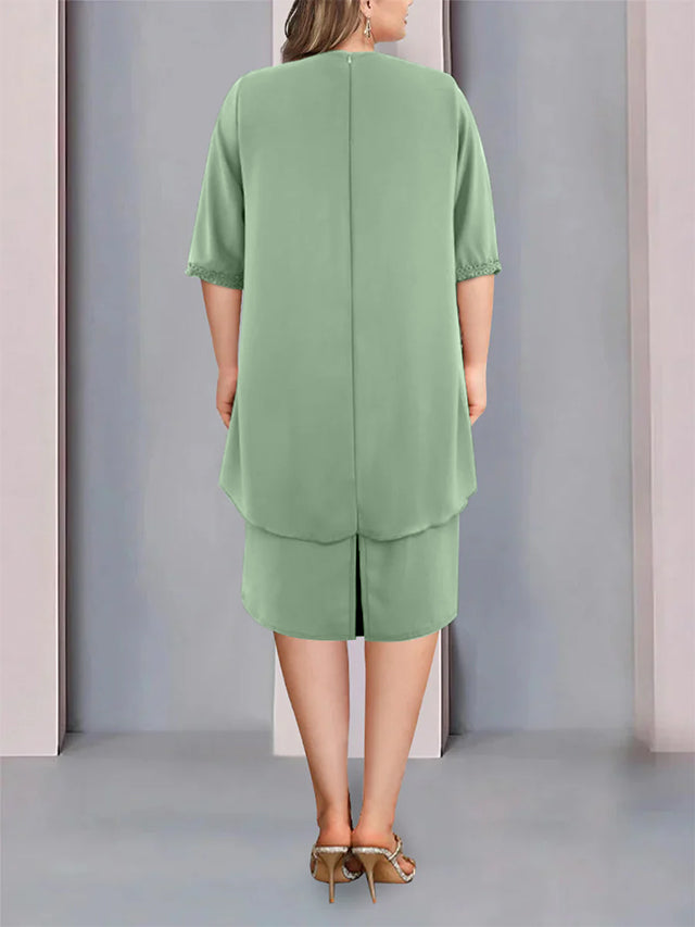 Robe de Mère de la Mariée Fourreau/Colonne à Col Bijou, Longueur Genou, Manches Mi-Longues, avec Fronces Perlées