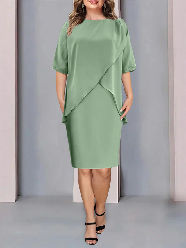 Robe de Mère de la Mariée Fourreau/Colonne à Col Bijou, Longueur Genou, Manches Mi-Longues, avec Fronces Perlées