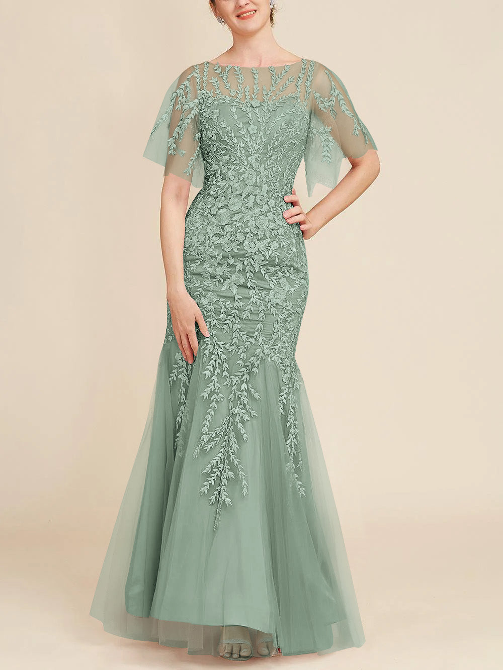 Robe de Mère de la Mariée en Forme de Trompette/Sirène à Manches Mi-Longues et à Encolure Dégagée avec Dentelle