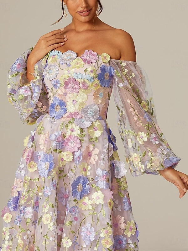 Robe de Mère de la Mariée Coupe A-Line/Princess à Manches Longues et Col Carré avec Appliques