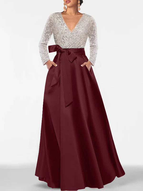 Robe de Mère de la Mariée Coupe A-Line/Princess, Col en V, Manches Longues, Longueur Au Sol, avec Poche et Paillettes