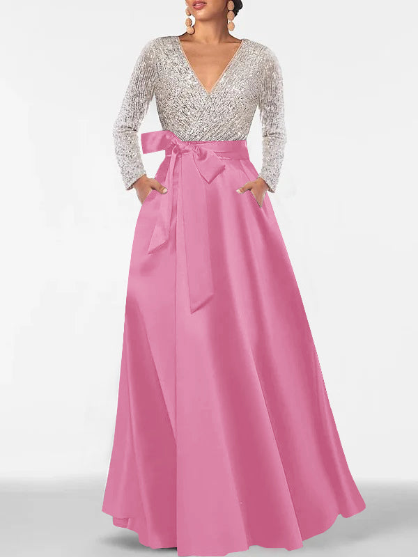 Robe de Mère de la Mariée Coupe A-Line/Princess, Col en V, Manches Longues, Longueur Au Sol, avec Poche et Paillettes