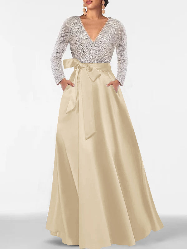 Robe de Mère de la Mariée Coupe A-Line/Princess, Col en V, Manches Longues, Longueur Au Sol, avec Poche et Paillettes