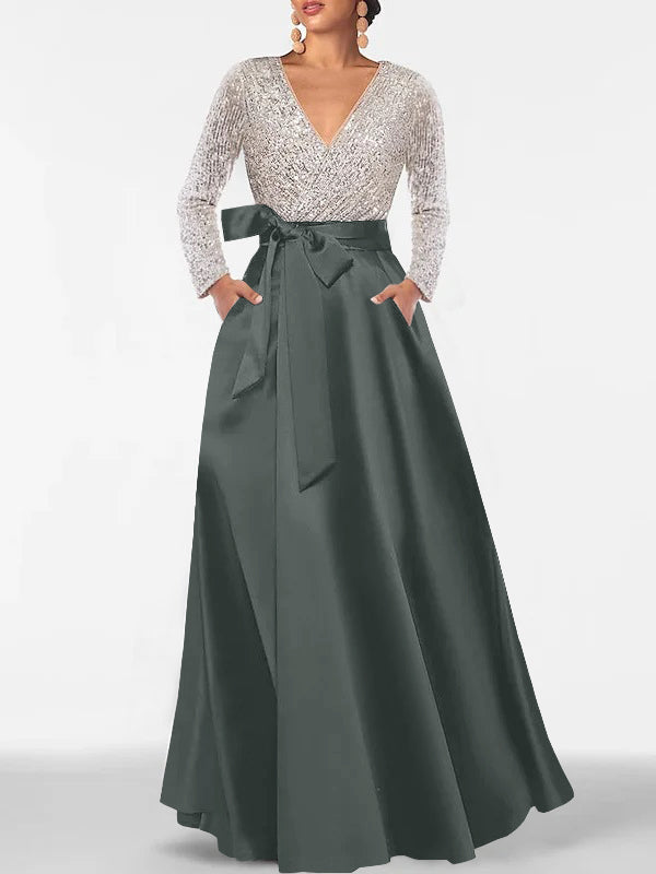 Robe de Mère de la Mariée Coupe A-Line/Princess, Col en V, Manches Longues, Longueur Au Sol, avec Poche et Paillettes