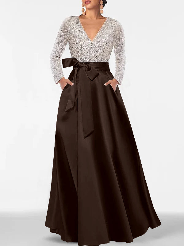 Robe de Mère de la Mariée Coupe A-Line/Princess, Col en V, Manches Longues, Longueur Au Sol, avec Poche et Paillettes
