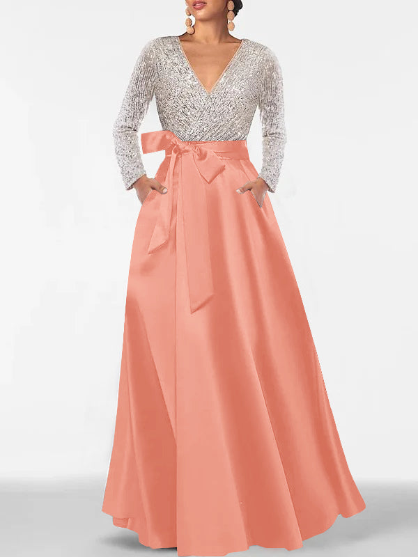 Robe de Mère de la Mariée Coupe A-Line/Princess, Col en V, Manches Longues, Longueur Au Sol, avec Poche et Paillettes