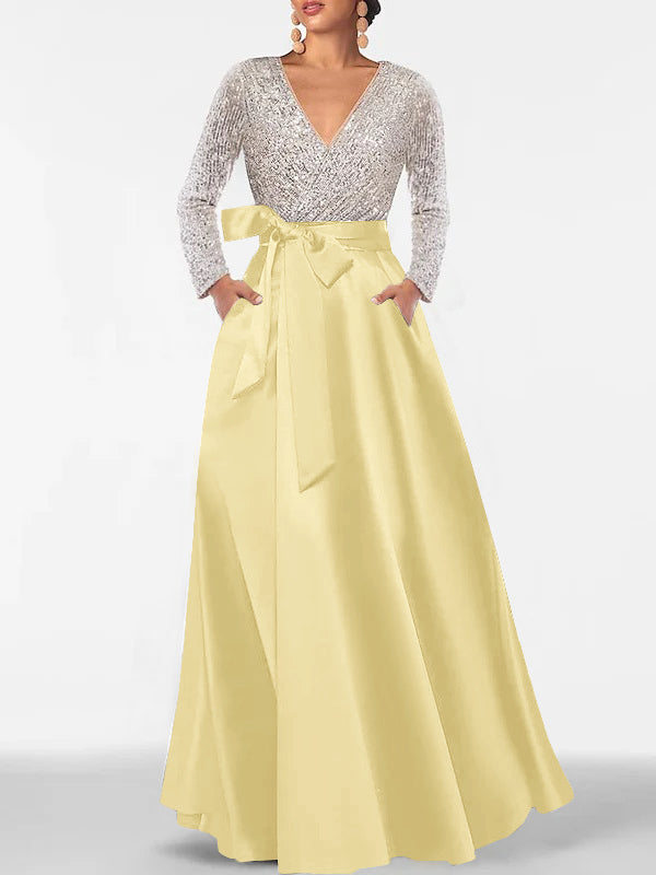 Robe de Mère de la Mariée Coupe A-Line/Princess, Col en V, Manches Longues, Longueur Au Sol, avec Poche et Paillettes