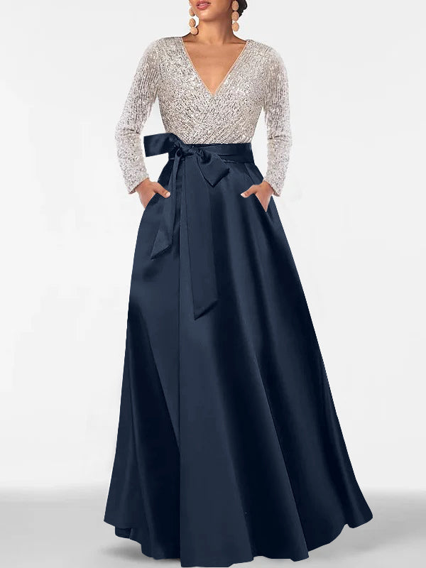 Robe de Mère de la Mariée Coupe A-Line/Princess, Col en V, Manches Longues, Longueur Au Sol, avec Poche et Paillettes