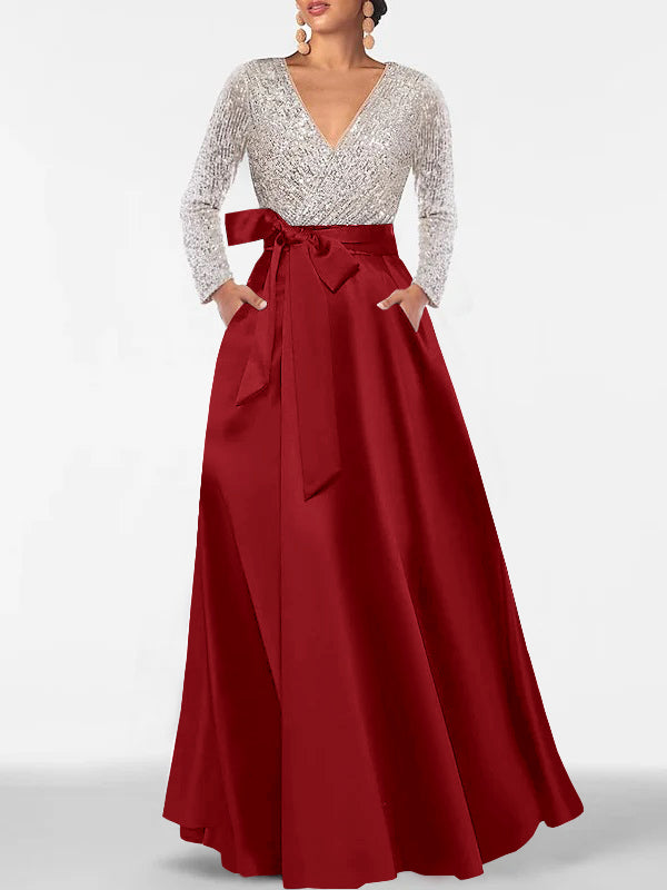 Robe de Mère de la Mariée Coupe A-Line/Princess, Col en V, Manches Longues, Longueur Au Sol, avec Poche et Paillettes