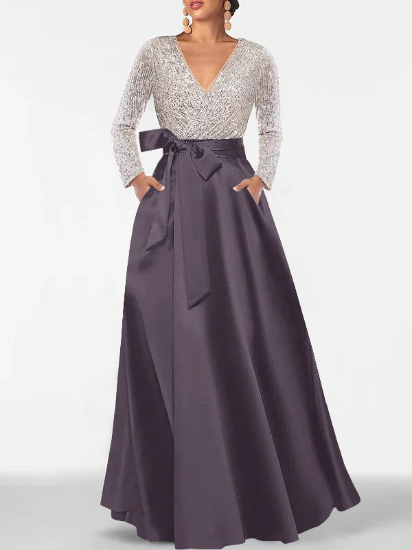 Robe de Mère de la Mariée Coupe A-Line/Princess, Col en V, Manches Longues, Longueur Au Sol, avec Poche et Paillettes