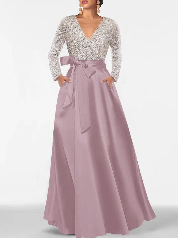 Robe de Mère de la Mariée Coupe A-Line/Princess, Col en V, Manches Longues, Longueur Au Sol, avec Poche et Paillettes