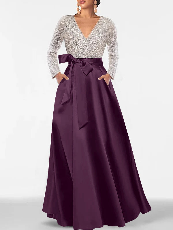 Robe de Mère de la Mariée Coupe A-Line/Princess, Col en V, Manches Longues, Longueur Au Sol, avec Poche et Paillettes