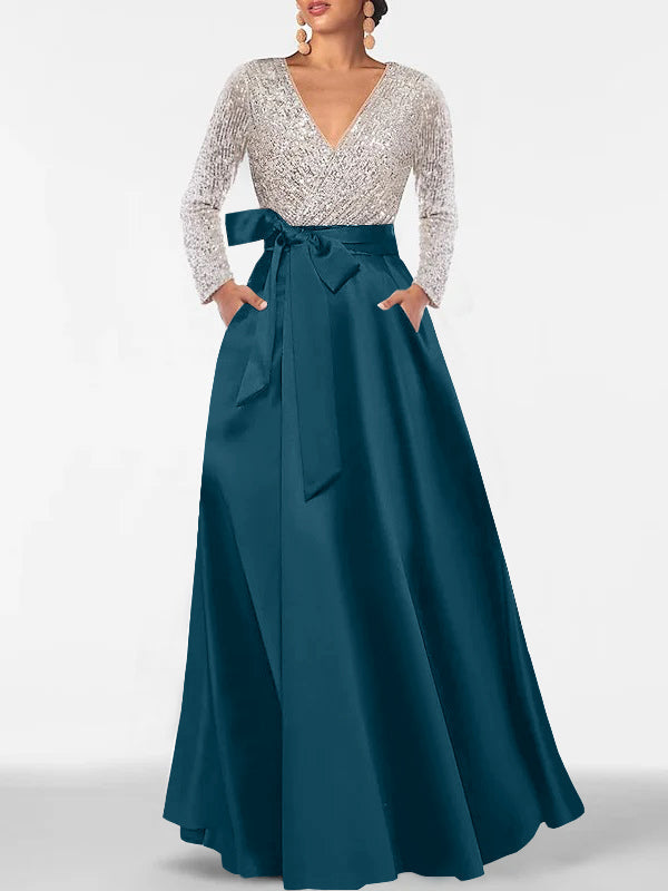 Robe de Mère de la Mariée Coupe A-Line/Princess, Col en V, Manches Longues, Longueur Au Sol, avec Poche et Paillettes