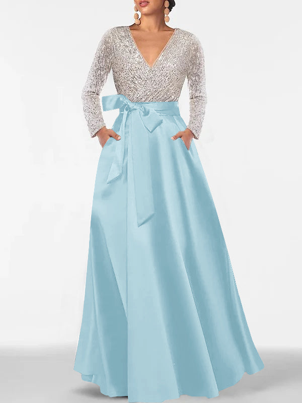 Robe de Mère de la Mariée Coupe A-Line/Princess, Col en V, Manches Longues, Longueur Au Sol, avec Poche et Paillettes