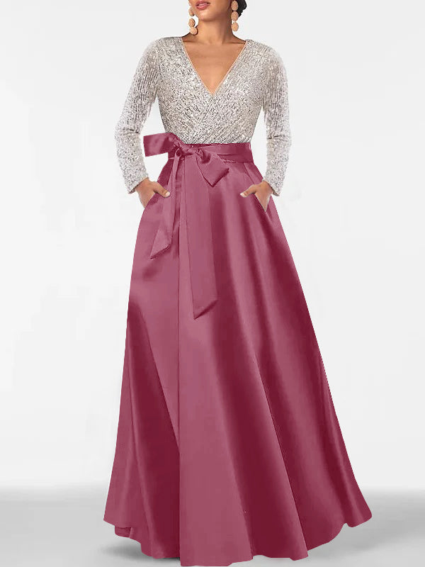 Robe de Mère de la Mariée Coupe A-Line/Princess, Col en V, Manches Longues, Longueur Au Sol, avec Poche et Paillettes