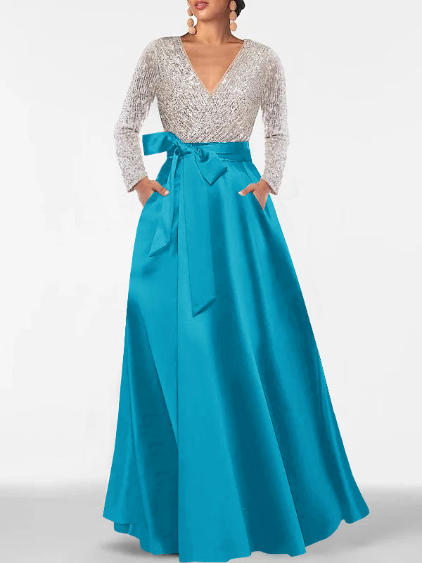 Robe de Mère de la Mariée Coupe A-Line/Princess, Col en V, Manches Longues, Longueur Au Sol, avec Poche et Paillettes