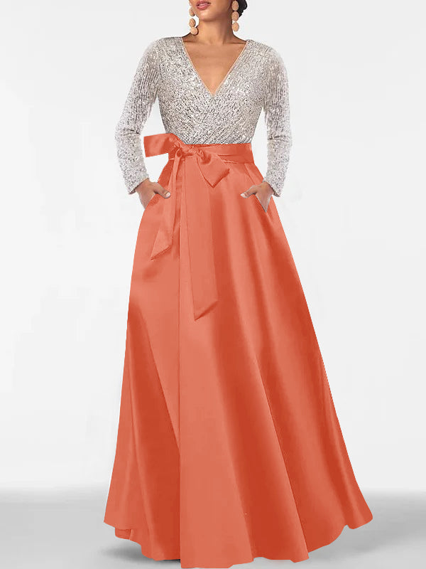 Robe de Mère de la Mariée Coupe A-Line/Princess, Col en V, Manches Longues, Longueur Au Sol, avec Poche et Paillettes