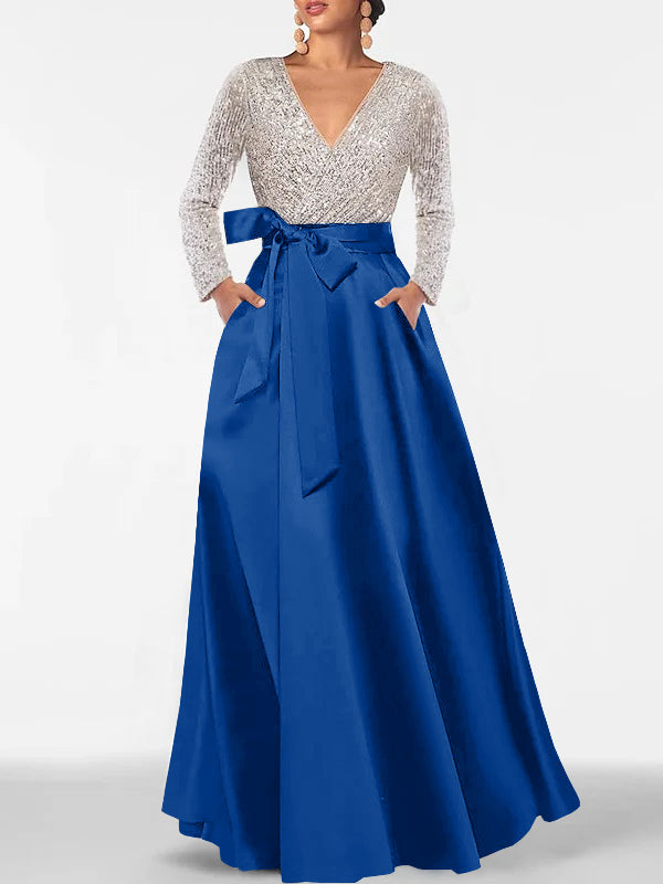 Robe de Mère de la Mariée Coupe A-Line/Princess, Col en V, Manches Longues, Longueur Au Sol, avec Poche et Paillettes