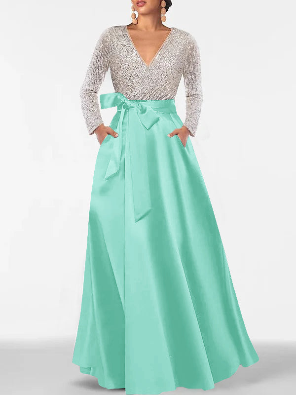 Robe de Mère de la Mariée Coupe A-Line/Princess, Col en V, Manches Longues, Longueur Au Sol, avec Poche et Paillettes