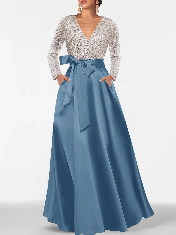 Robe de Mère de la Mariée Coupe A-Line/Princess, Col en V, Manches Longues, Longueur Au Sol, avec Poche et Paillettes