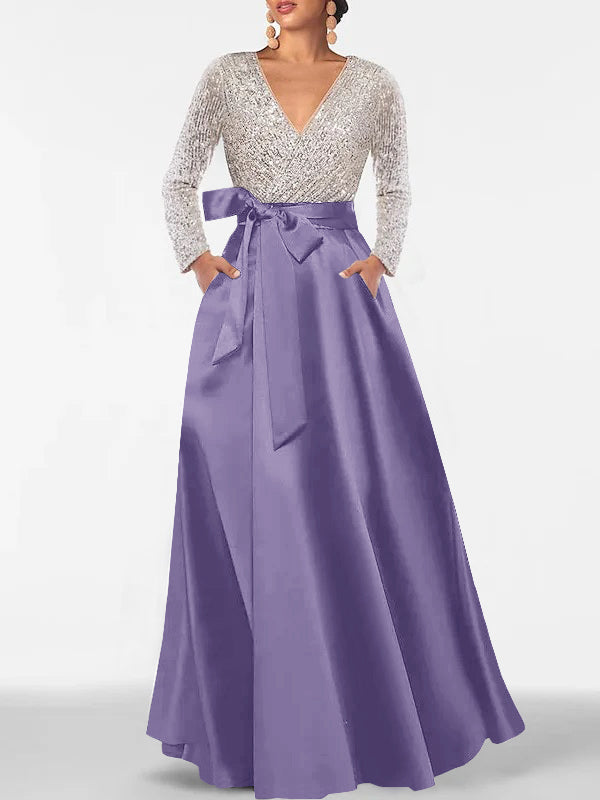 Robe de Mère de la Mariée Coupe A-Line/Princess, Col en V, Manches Longues, Longueur Au Sol, avec Poche et Paillettes