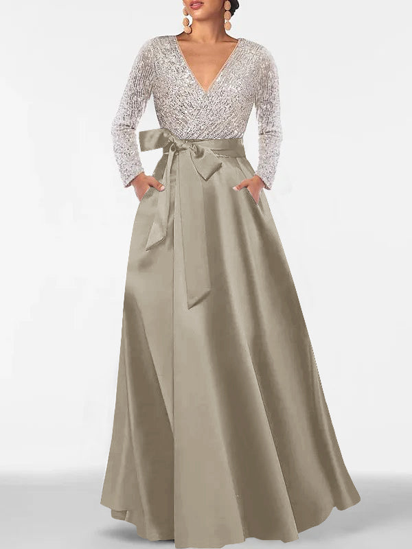 Robe de Mère de la Mariée Coupe A-Line/Princess, Col en V, Manches Longues, Longueur Au Sol, avec Poche et Paillettes