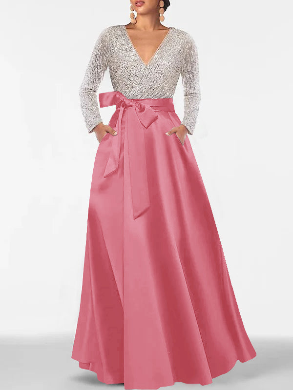 Robe de Mère de la Mariée Coupe A-Line/Princess, Col en V, Manches Longues, Longueur Au Sol, avec Poche et Paillettes