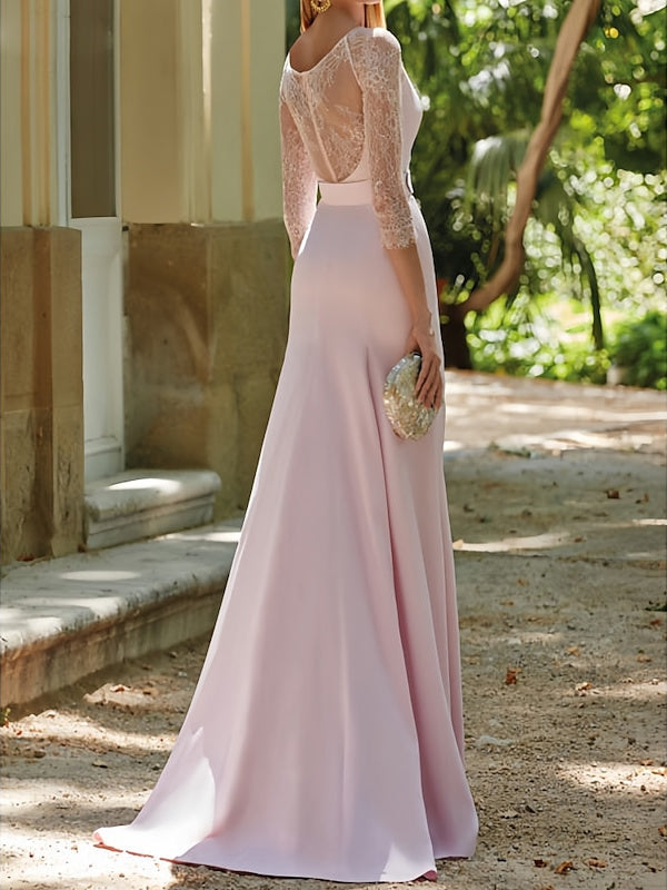 Robe de Mère de la Mariée en Forme de Trompette/Sirène à Manches 3/4 et Traîne à Balai avec Ceinture