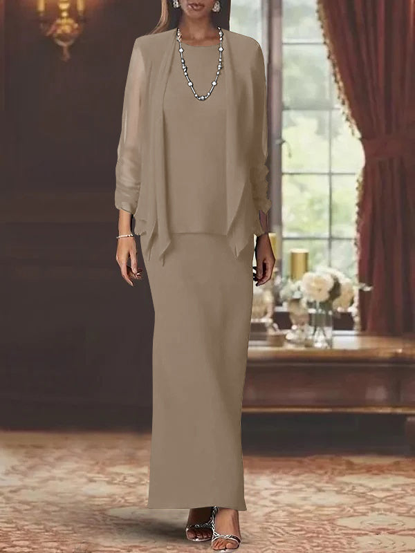 Robe de Mère de la Mariée Fourreau/Colonne à Col Rond et Manches Longues, Longueur Au Sol, avec Veste