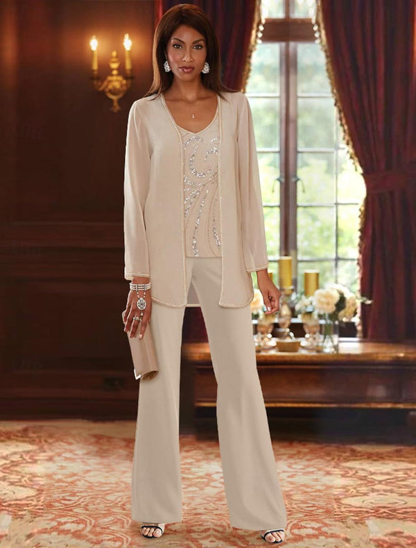 Ensemble 3 Pièces en Mousseline de Soie à Col en V et Longueur Au Sol pour Mère de la Mariée avec Veste et Paillettes