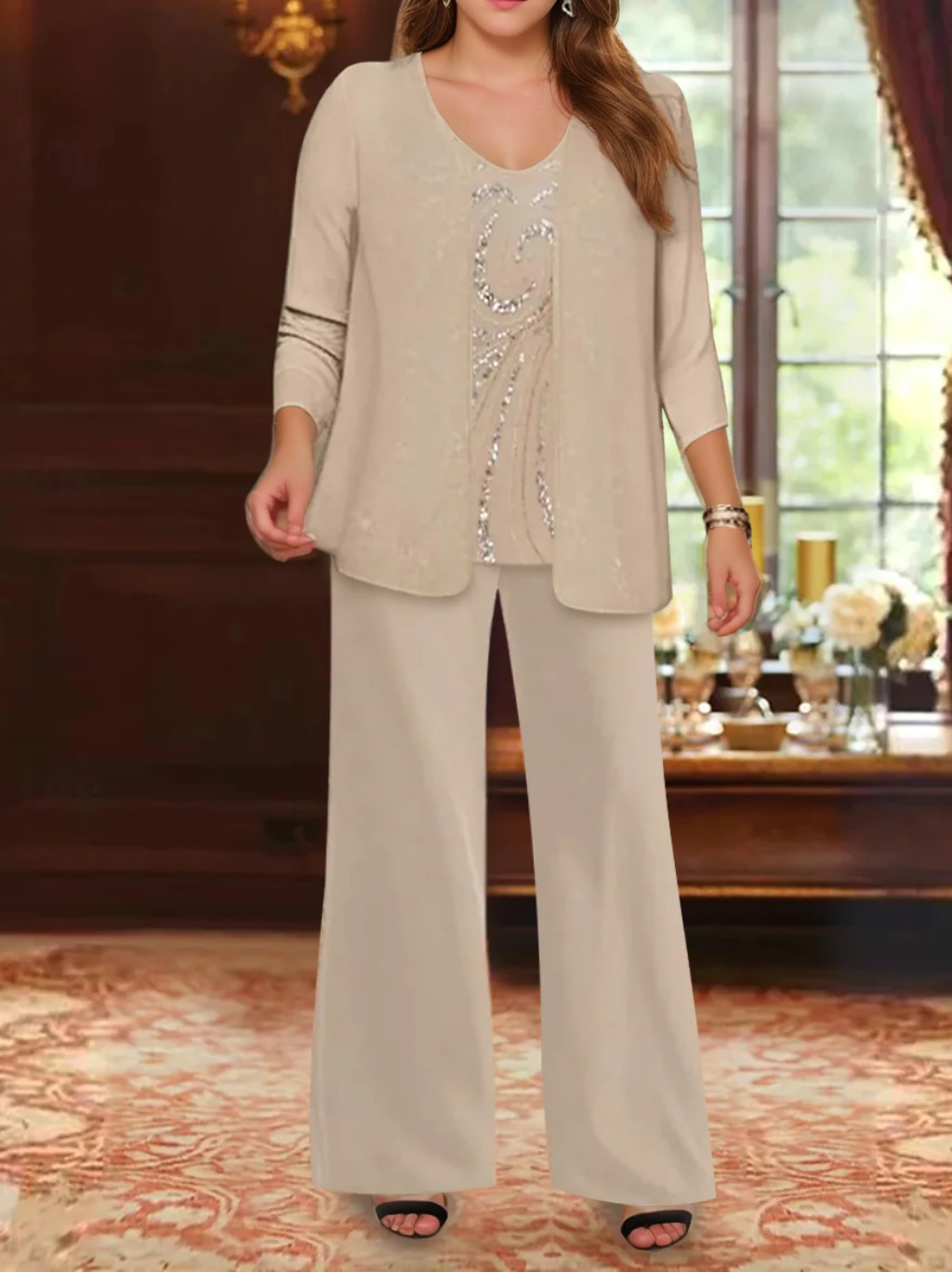 Ensemble 3 Pièces en Mousseline de Soie à Col en V et Longueur Au Sol pour Mère de la Mariée, Grande Taille, avec Veste et Paillettes