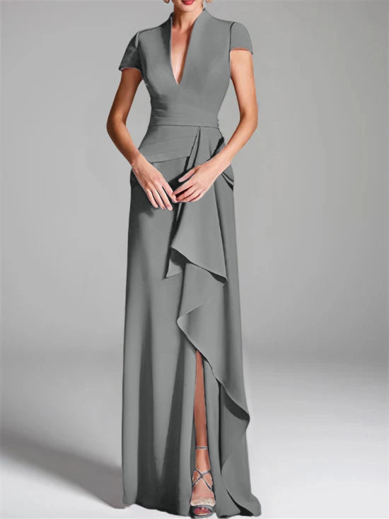 Robe de Mère de la Mariée Fourreau/Colonne à Col en V et Manches Courtes, Longueur Au Sol, avec Fente Sur le Côté