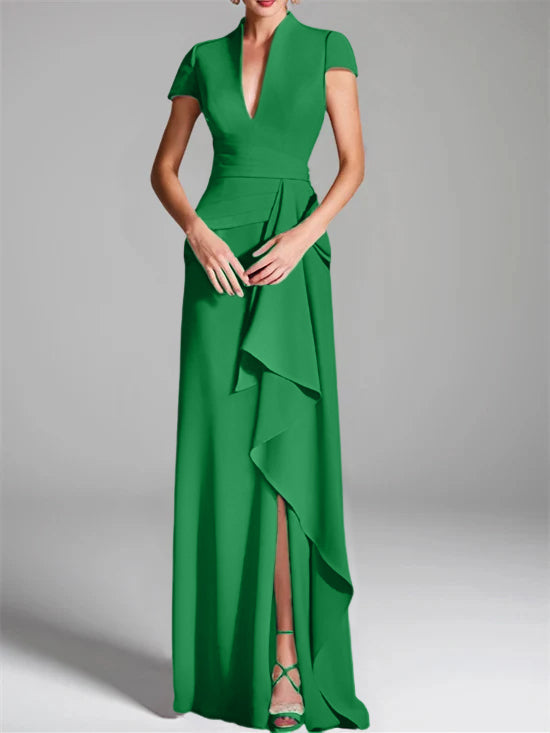 Robe de Mère de la Mariée Fourreau/Colonne à Col en V et Manches Courtes, Longueur Au Sol, avec Fente Sur le Côté