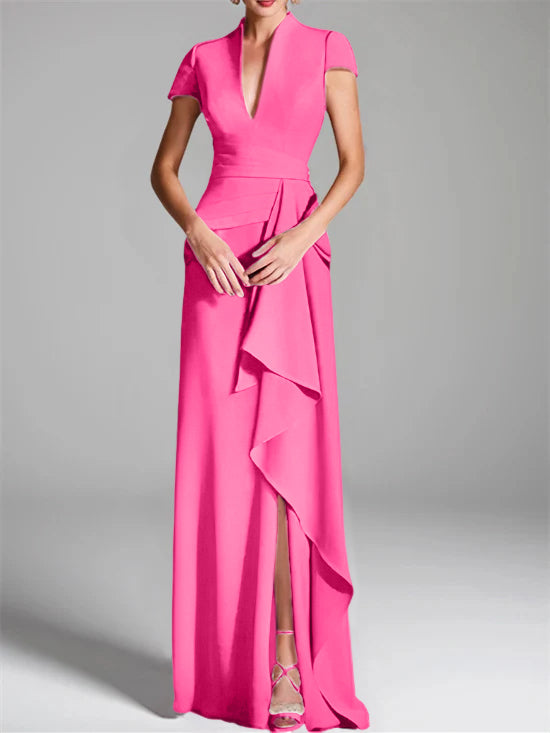 Robe de Mère de la Mariée Fourreau/Colonne à Col en V et Manches Courtes, Longueur Au Sol, avec Fente Sur le Côté