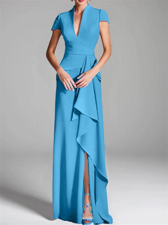 Robe de Mère de la Mariée Fourreau/Colonne à Col en V et Manches Courtes, Longueur Au Sol, avec Fente Sur le Côté