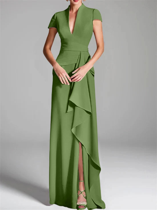 Robe de Mère de la Mariée Fourreau/Colonne à Col en V et Manches Courtes, Longueur Au Sol, avec Fente Sur le Côté